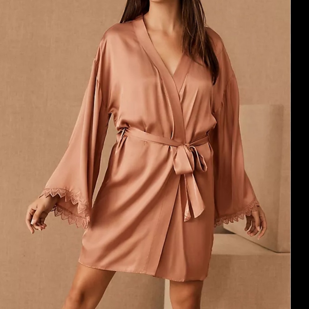 BHLDN Matine Silky Lace-Trimmed Mini Robe kimono lounge trim pink Anthropologie